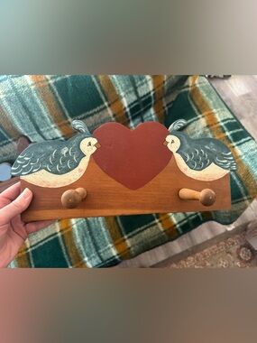 Hand-Painted Red Heart Wooden Wall Hook with Bird Motif